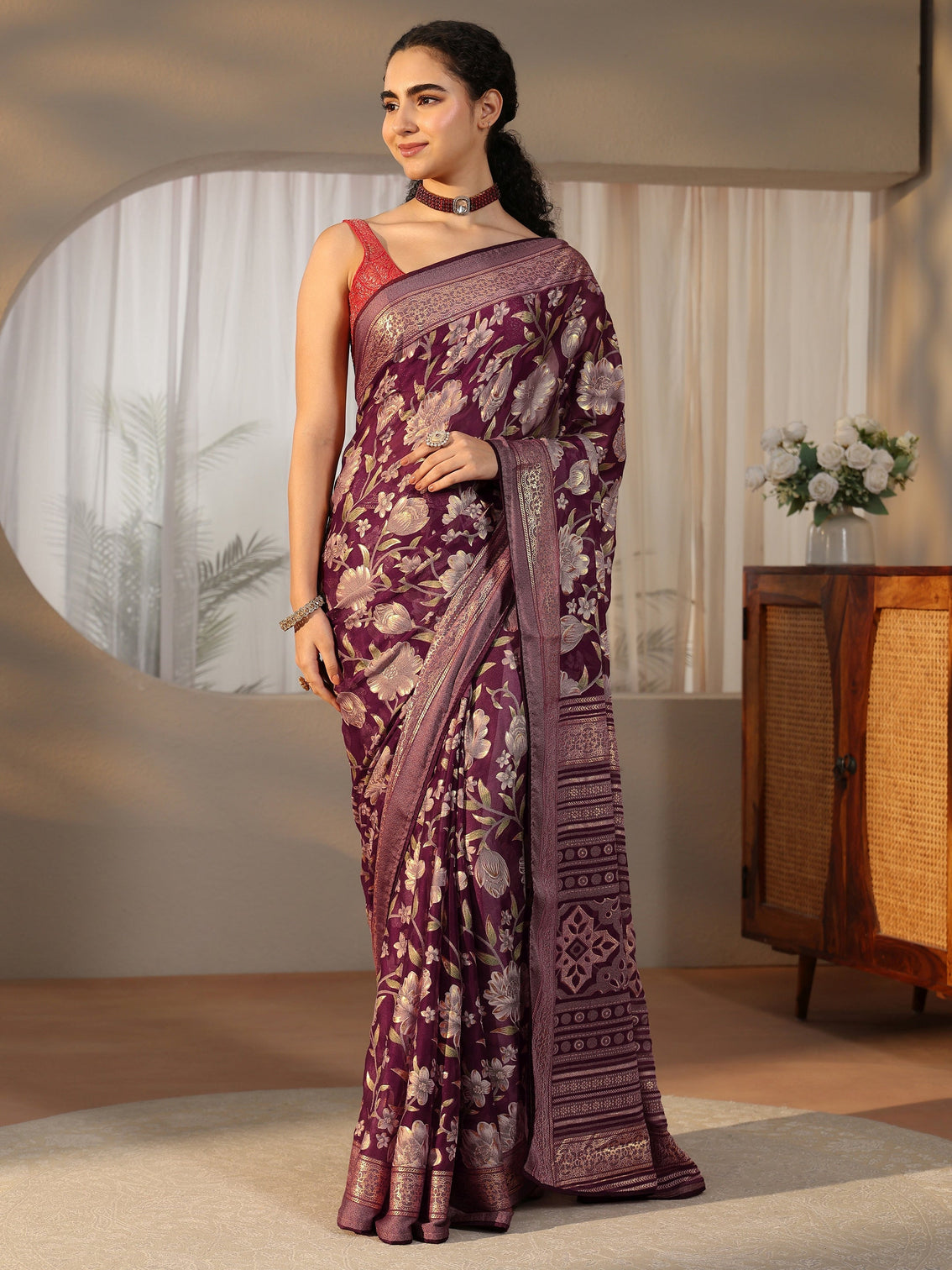 Mameraa Burgundy Floral Printed Silk Blend Saree with Woven Border