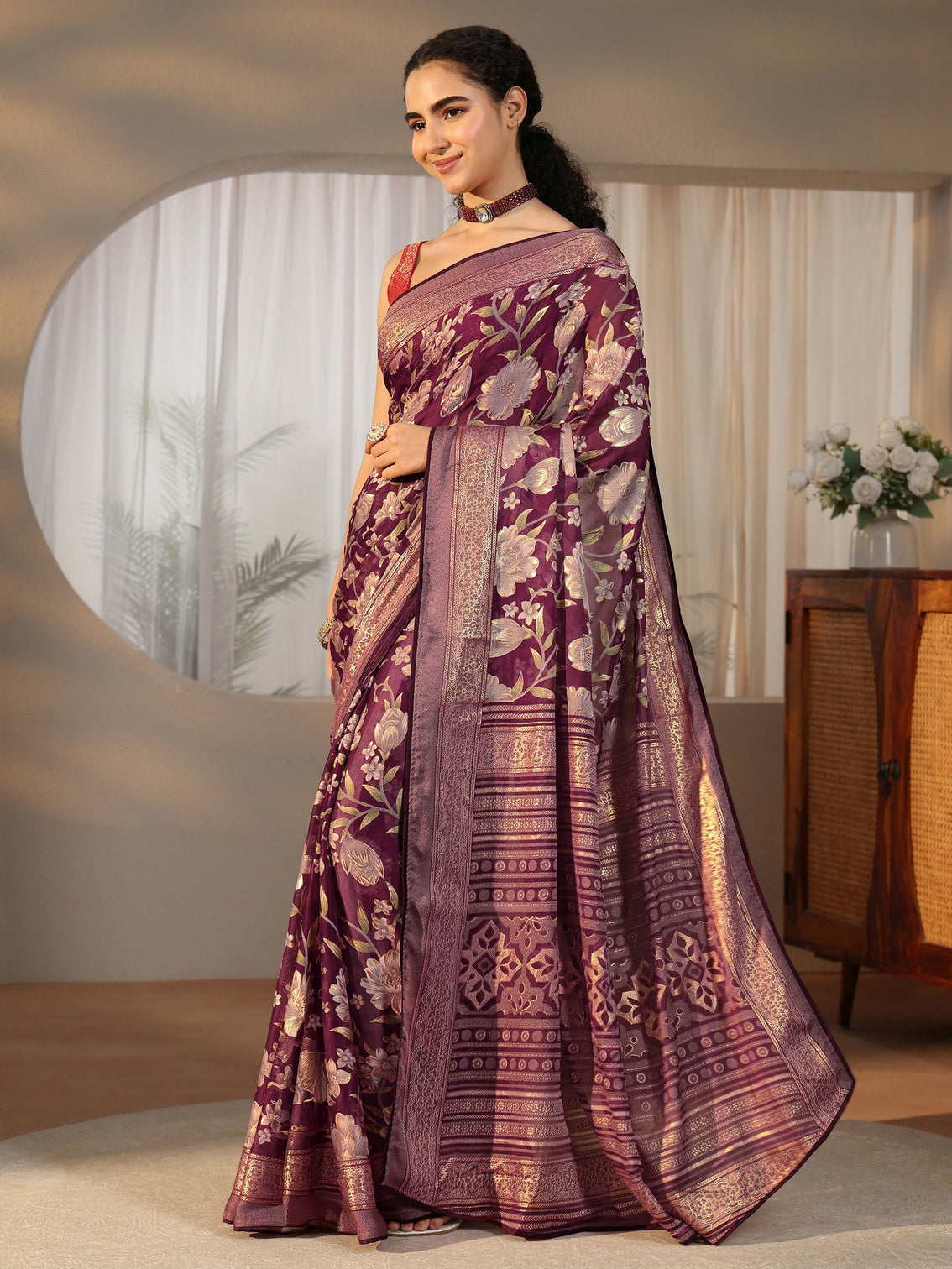 Mameraa Burgundy Floral Printed Silk Blend Saree with Woven Border