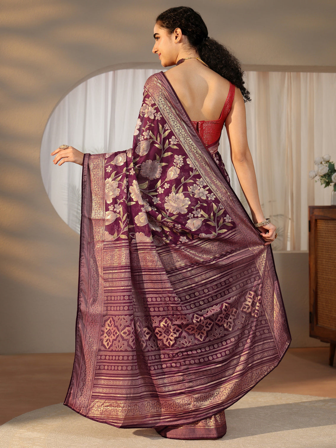 Mameraa Burgundy Floral Printed Silk Blend Saree with Woven Border