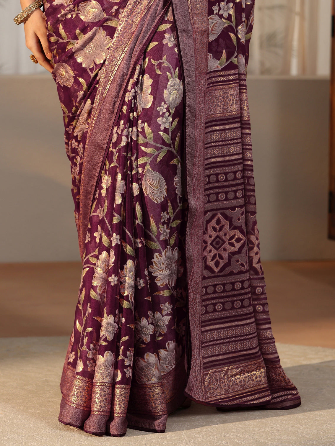 Mameraa Burgundy Floral Printed Silk Blend Saree with Woven Border