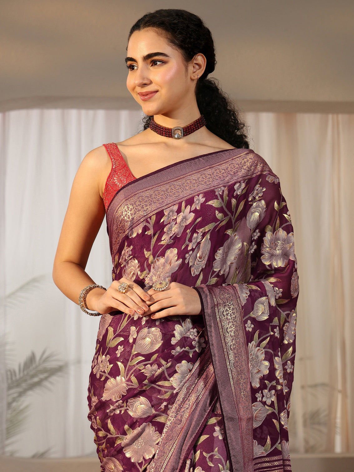 Mameraa Burgundy Floral Printed Silk Blend Saree with Woven Border