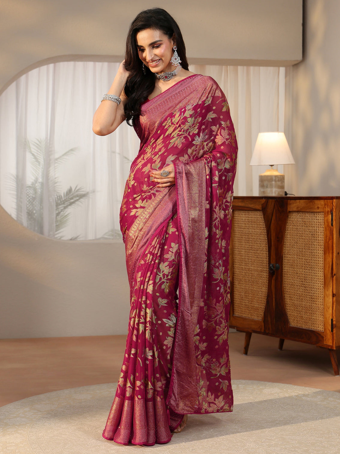 Mameraa Crimson Red Floral Printed Silk Blend Saree with Woven Border