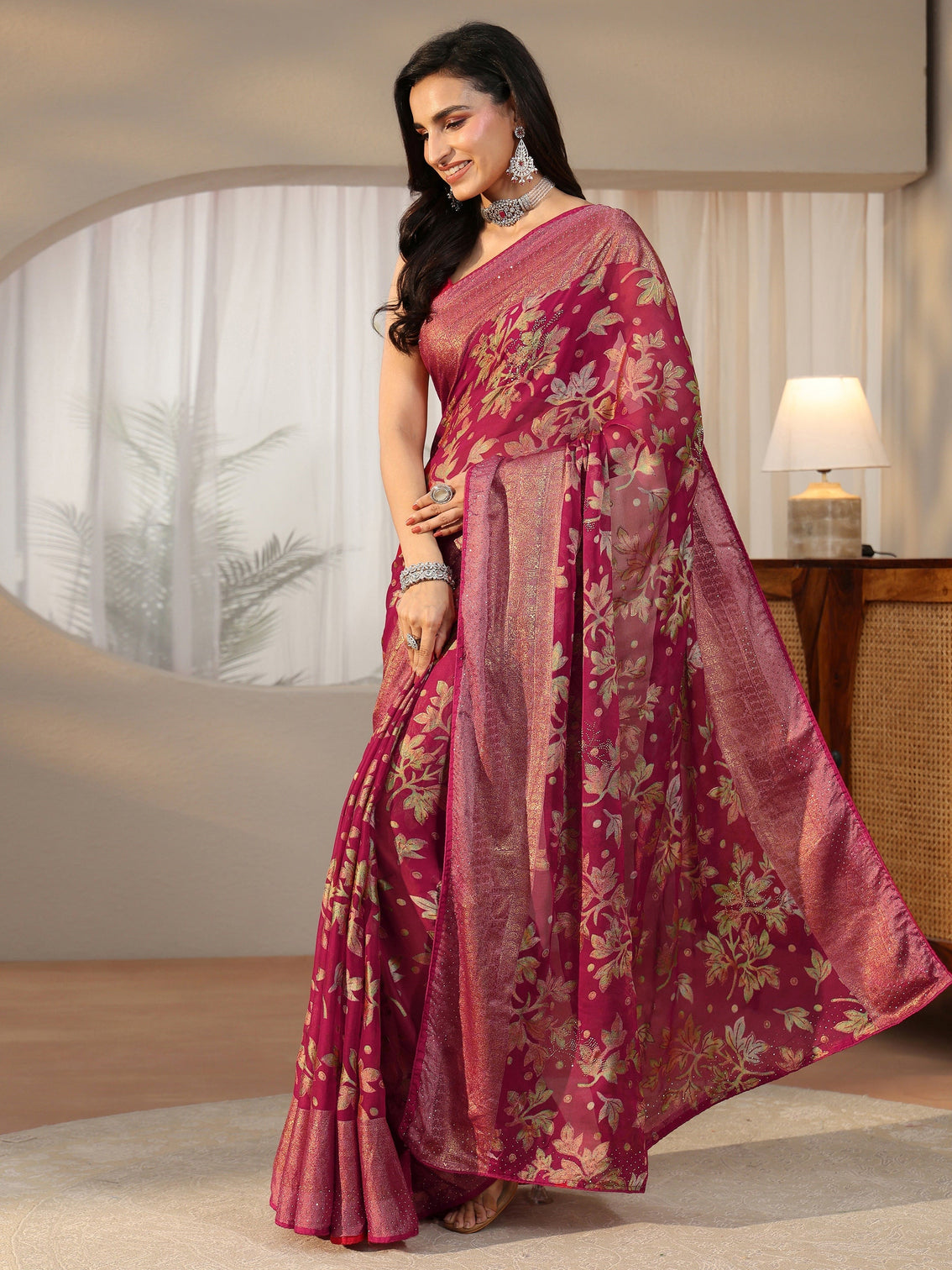 Mameraa Crimson Red Floral Printed Silk Blend Saree with Woven Border