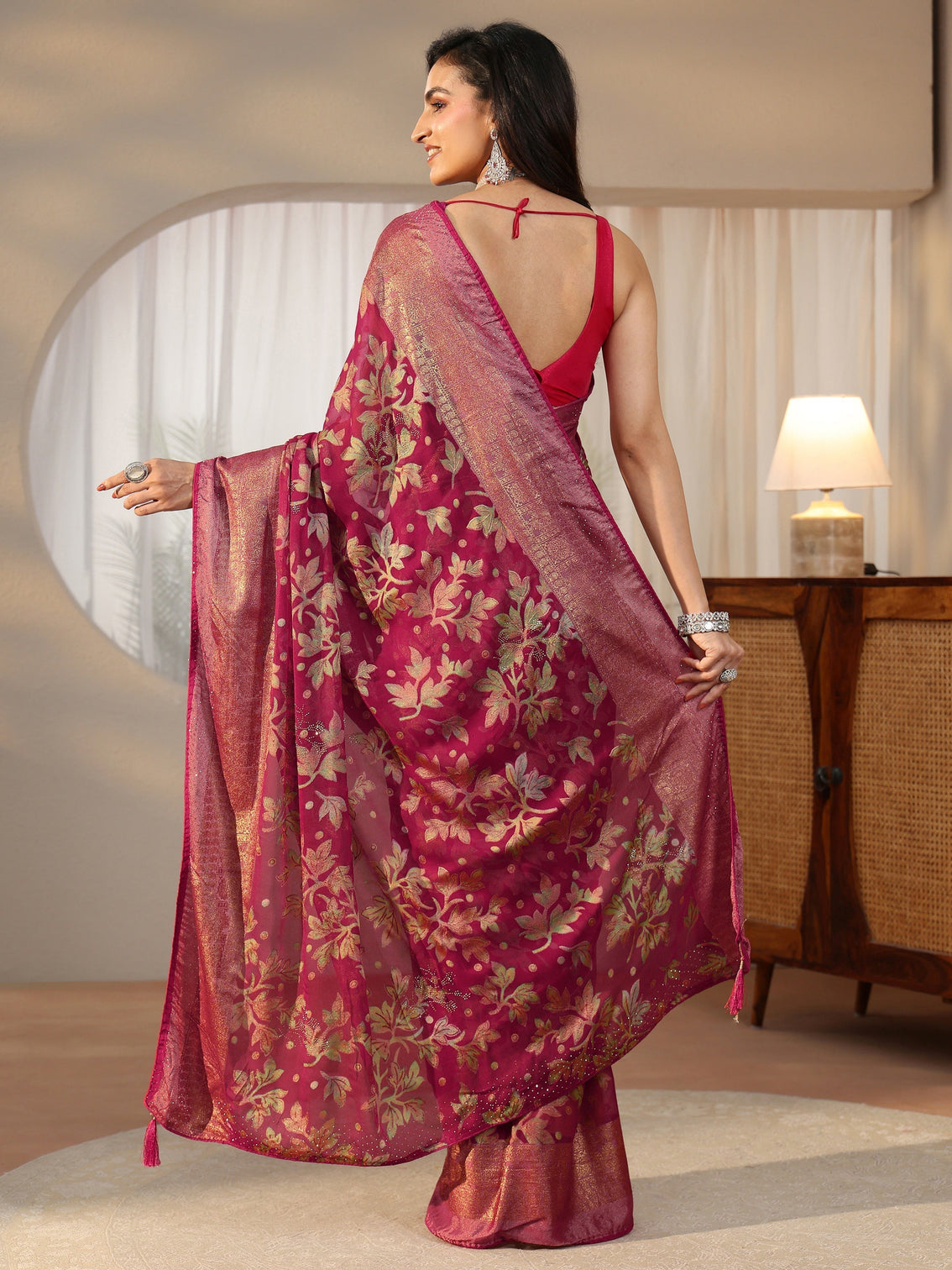 Mameraa Crimson Red Floral Printed Silk Blend Saree with Woven Border