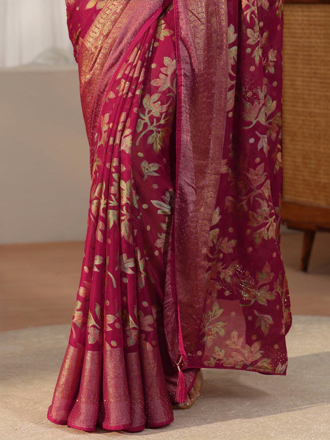 Mameraa Crimson Red Floral Printed Silk Blend Saree with Woven Border