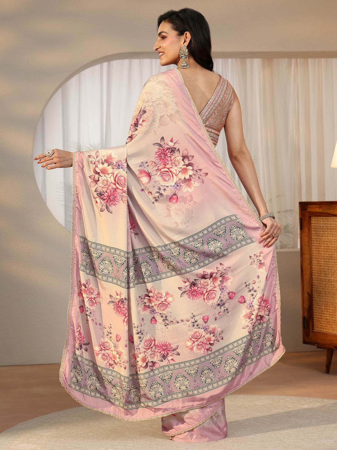 Mameraa Light Taupe Floral Printed Satin Saree