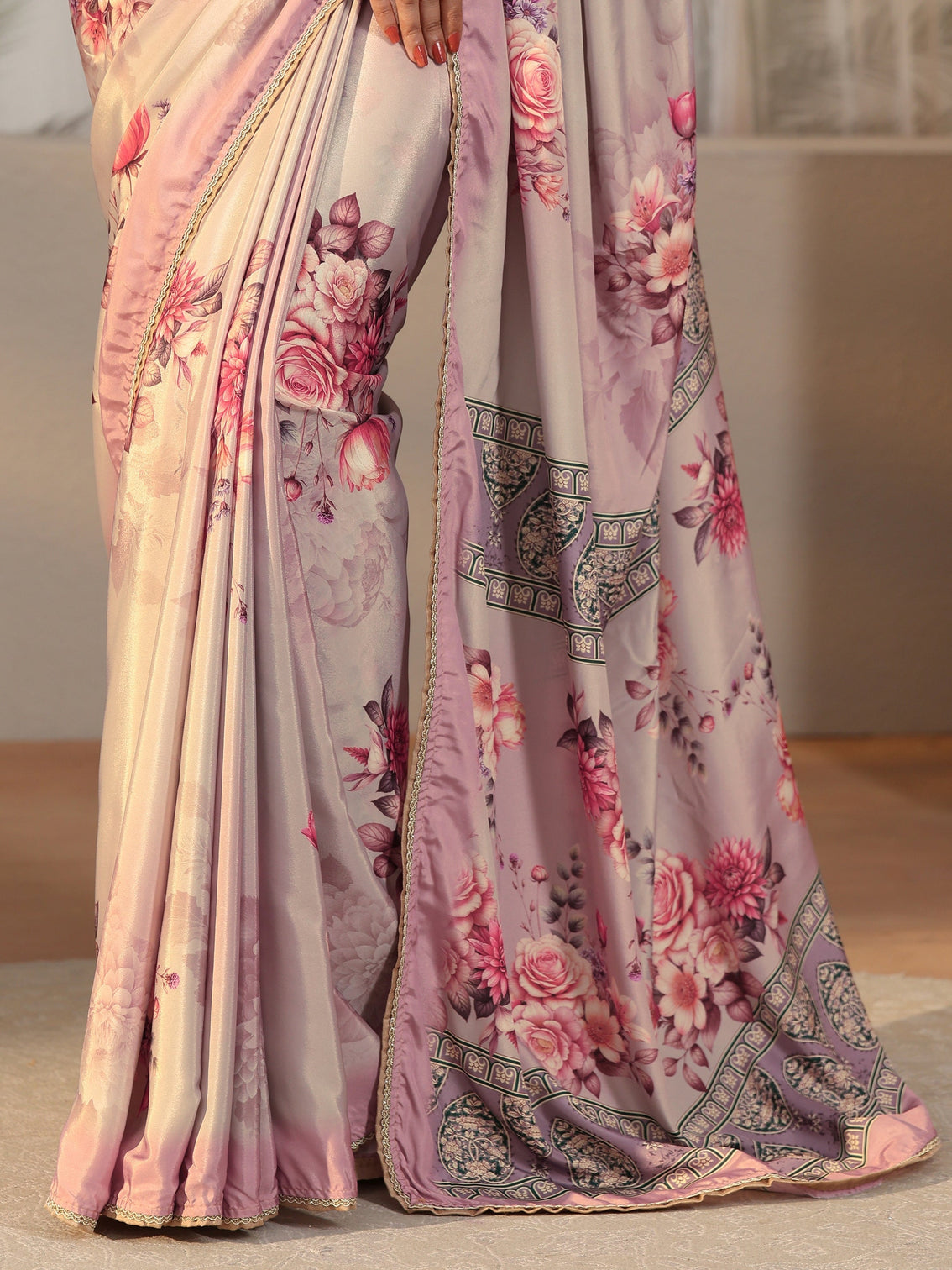 Mameraa Light Taupe Floral Printed Satin Saree