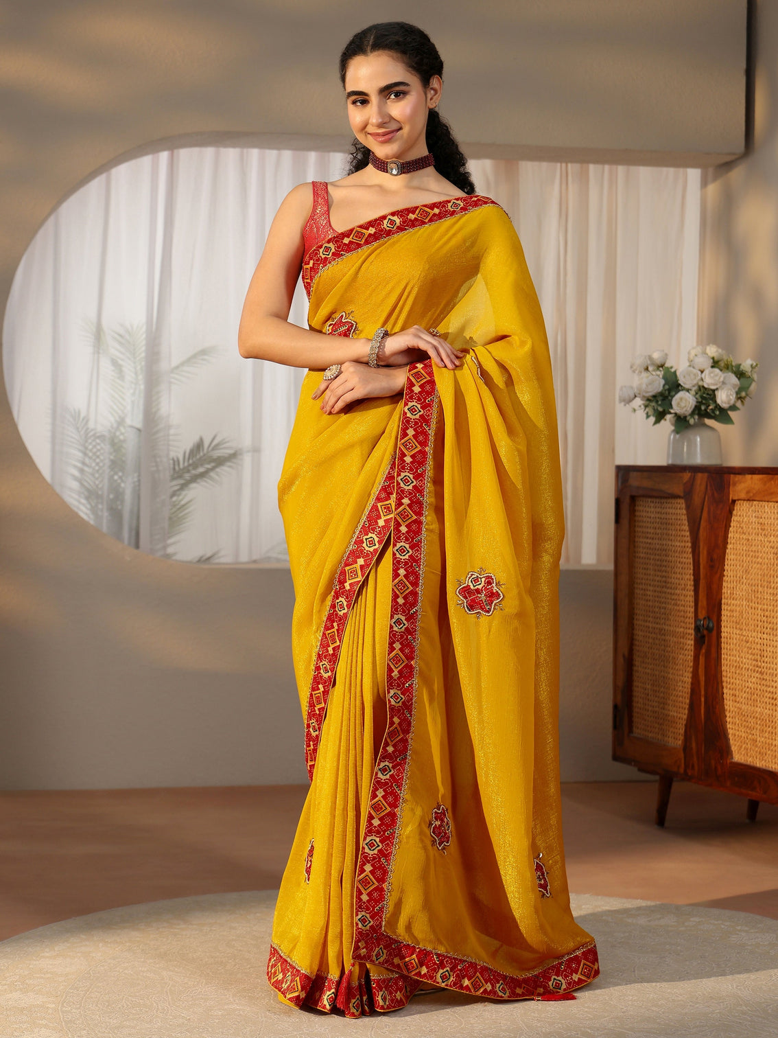 Mameraa Mustard Tissue Saree with Patola Border