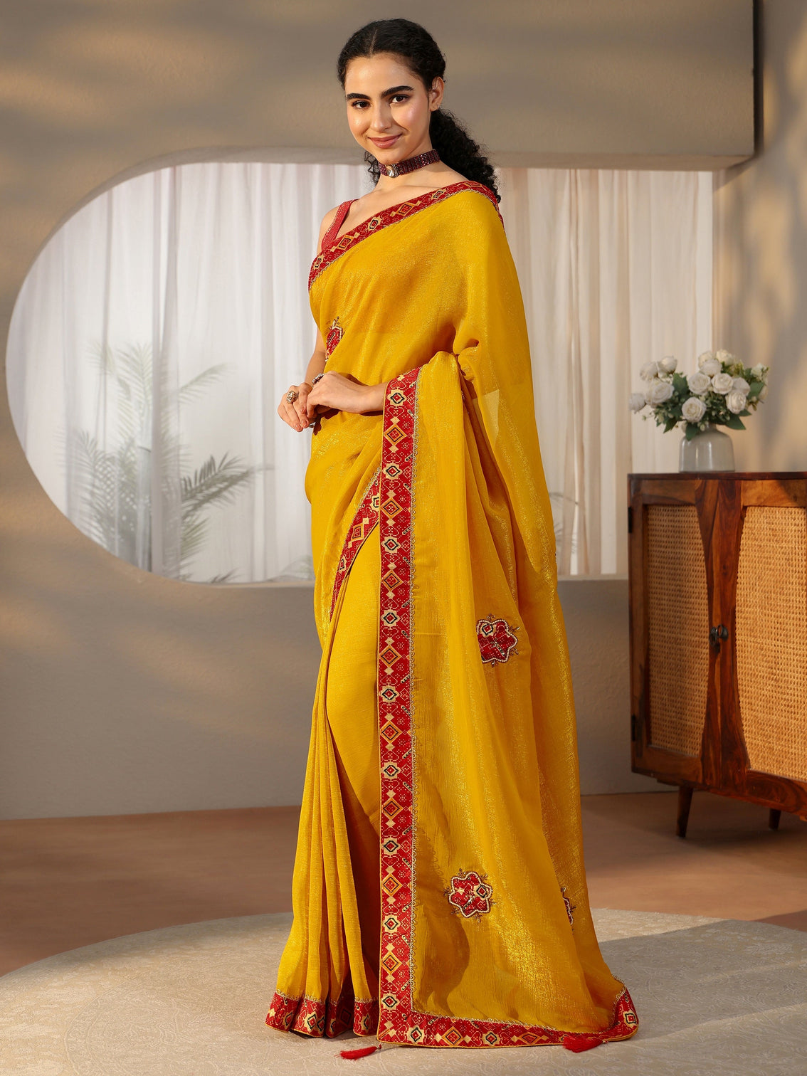 Mameraa Mustard Tissue Saree with Patola Border