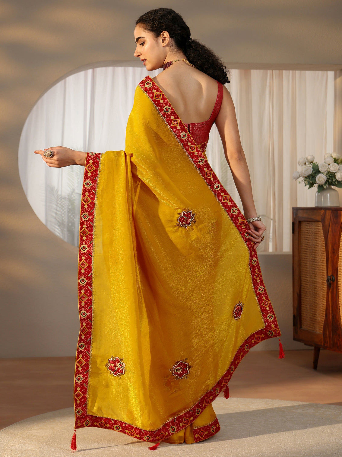 Mameraa Mustard Tissue Saree with Patola Border