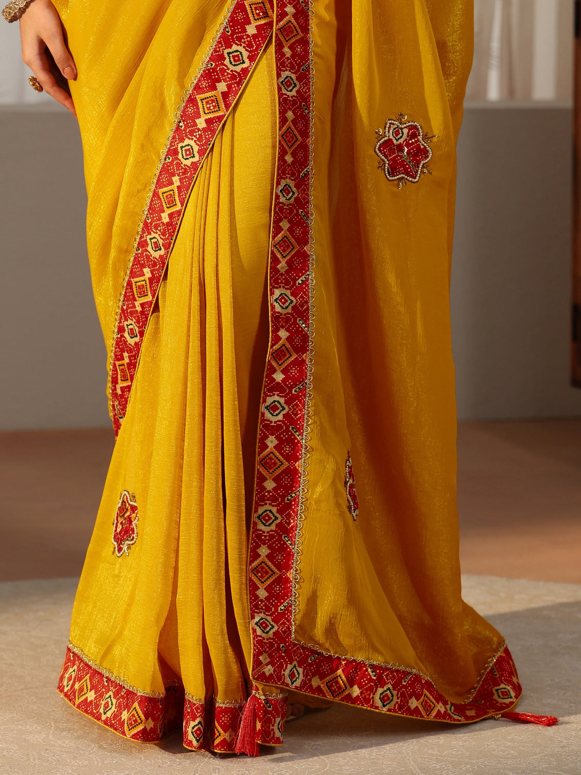 Mameraa Mustard Tissue Saree with Patola Border