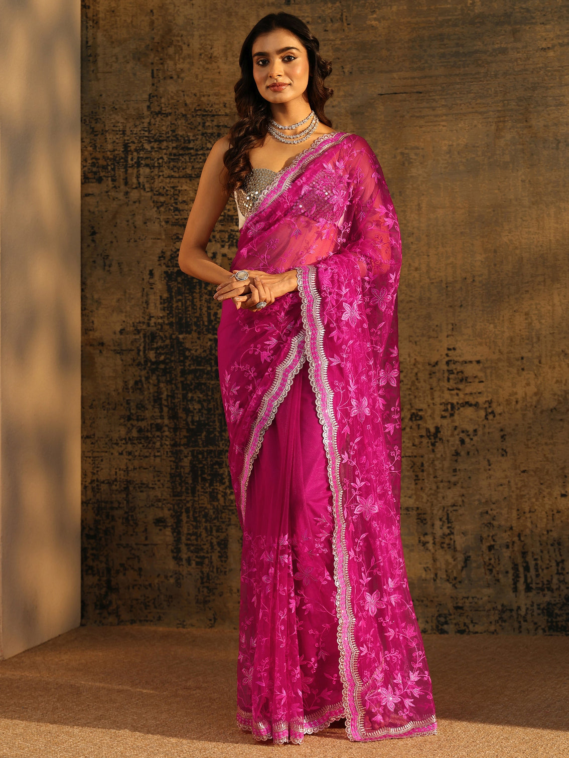 Mameraa Rani Pink Floral Embroidered Net Saree
