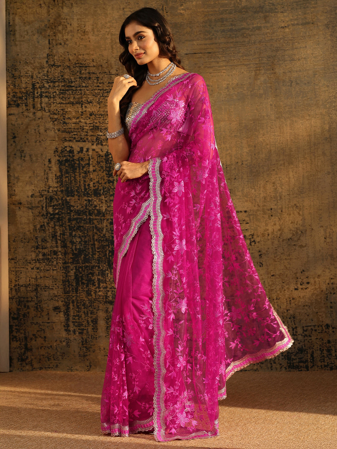 Mameraa Rani Pink Floral Embroidered Net Saree