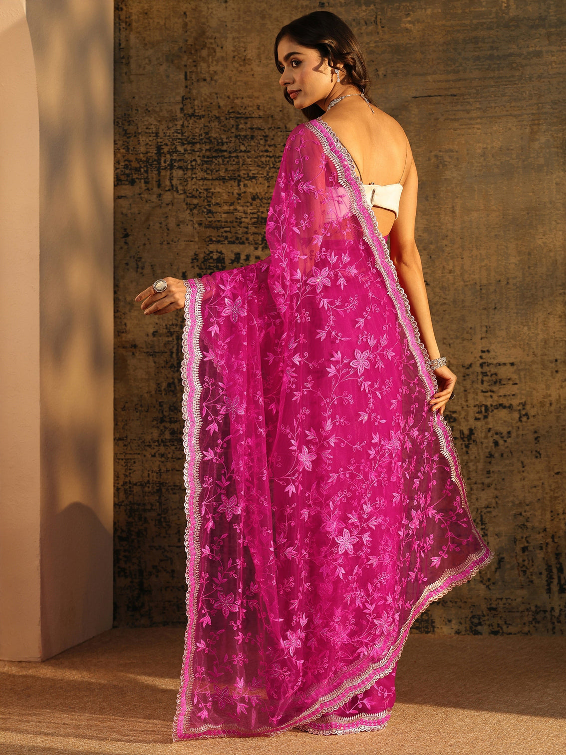 Mameraa Rani Pink Floral Embroidered Net Saree