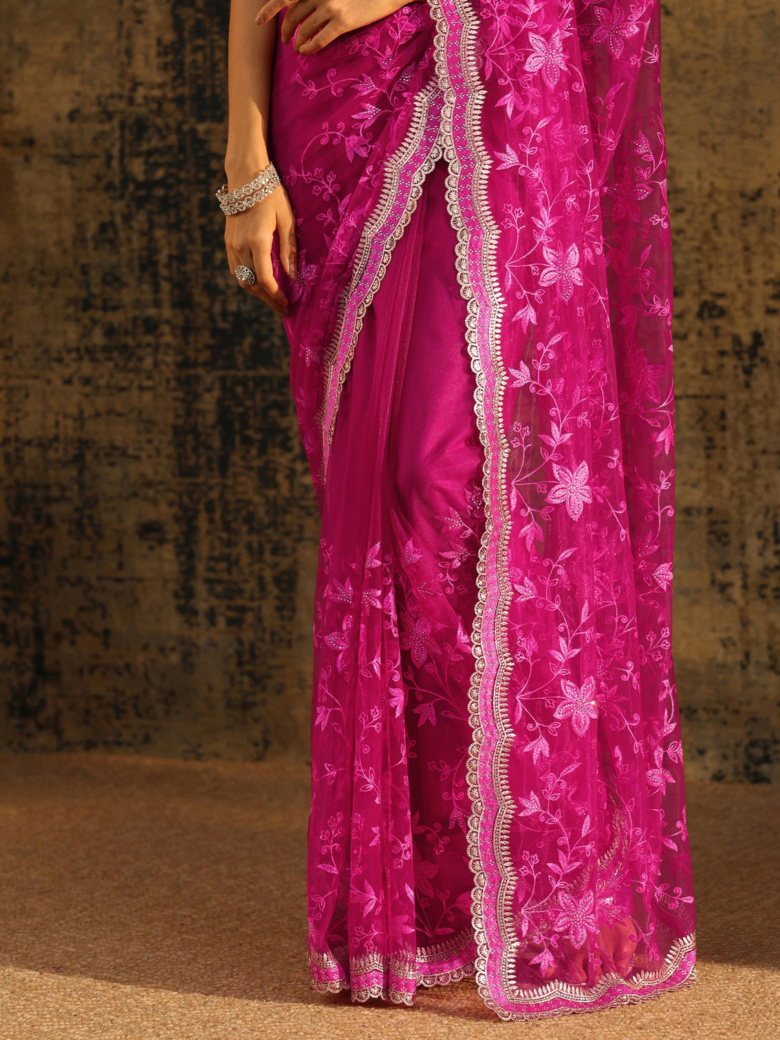 Mameraa Rani Pink Floral Embroidered Net Saree