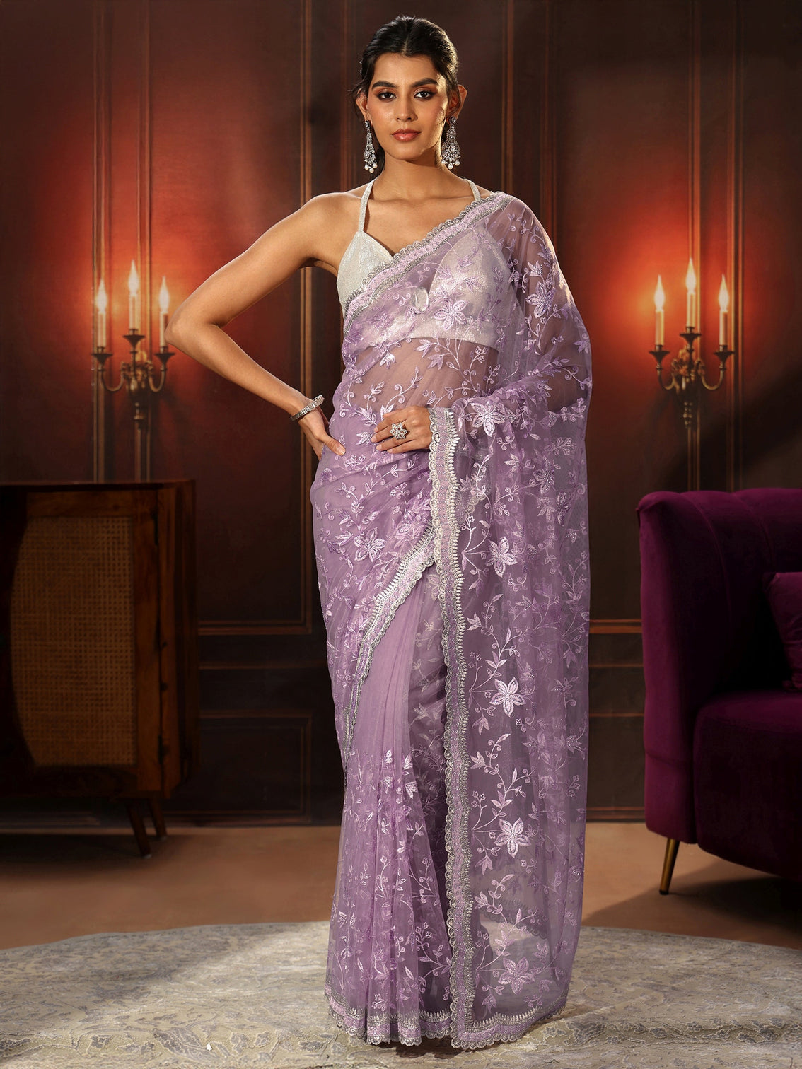 Mameraa Lavender Floral Embroidered Net Saree