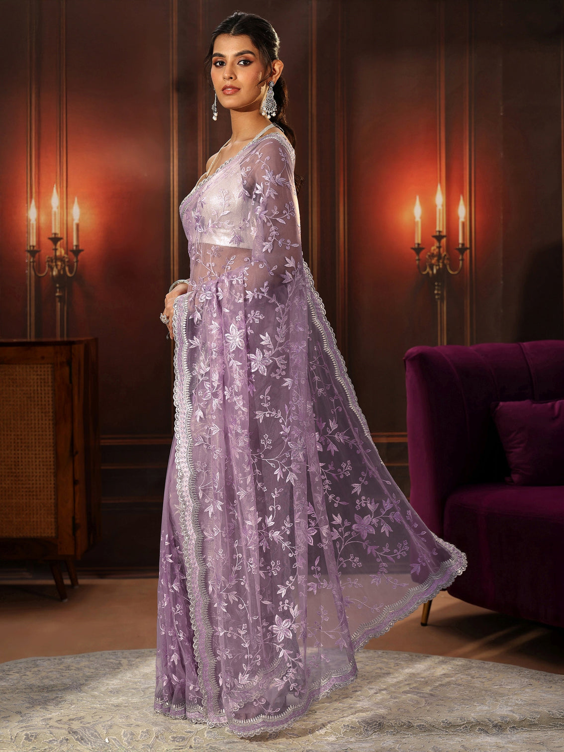 Mameraa Lavender Floral Embroidered Net Saree