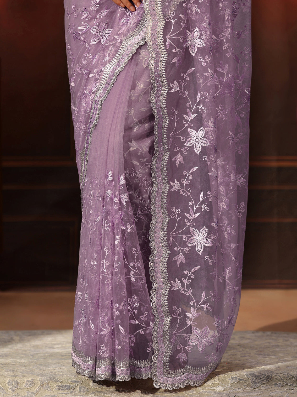 Mameraa Lavender Floral Embroidered Net Saree
