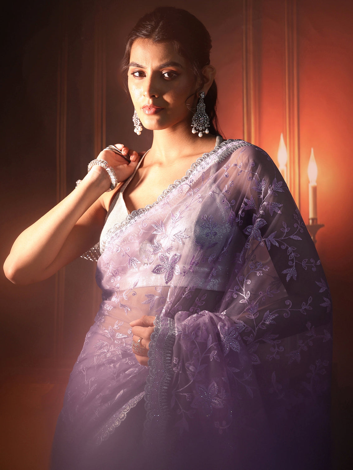 Mameraa Lavender Floral Embroidered Net Saree
