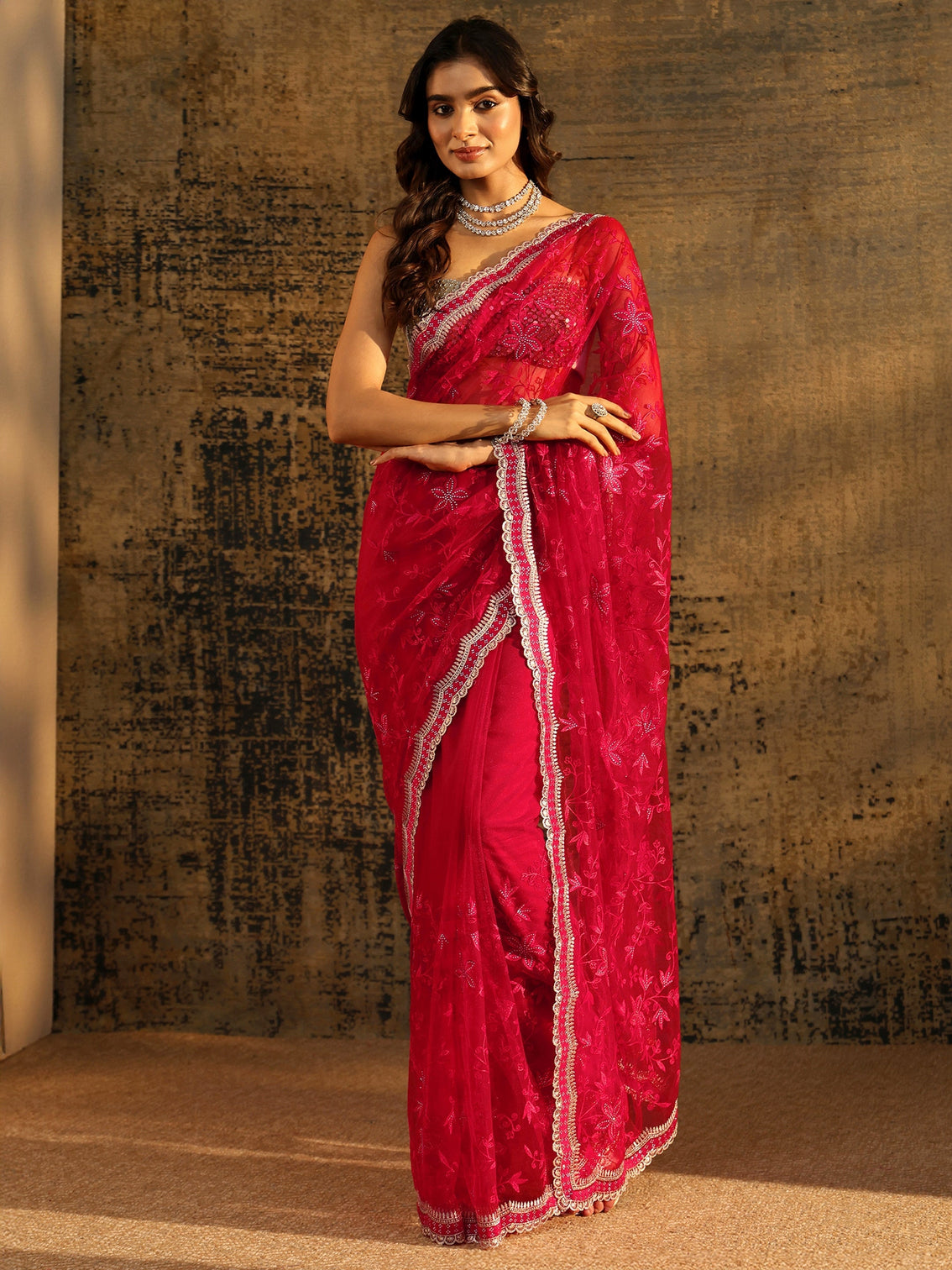 Mameraa Vermilion Red Floral Embroidered Net Saree