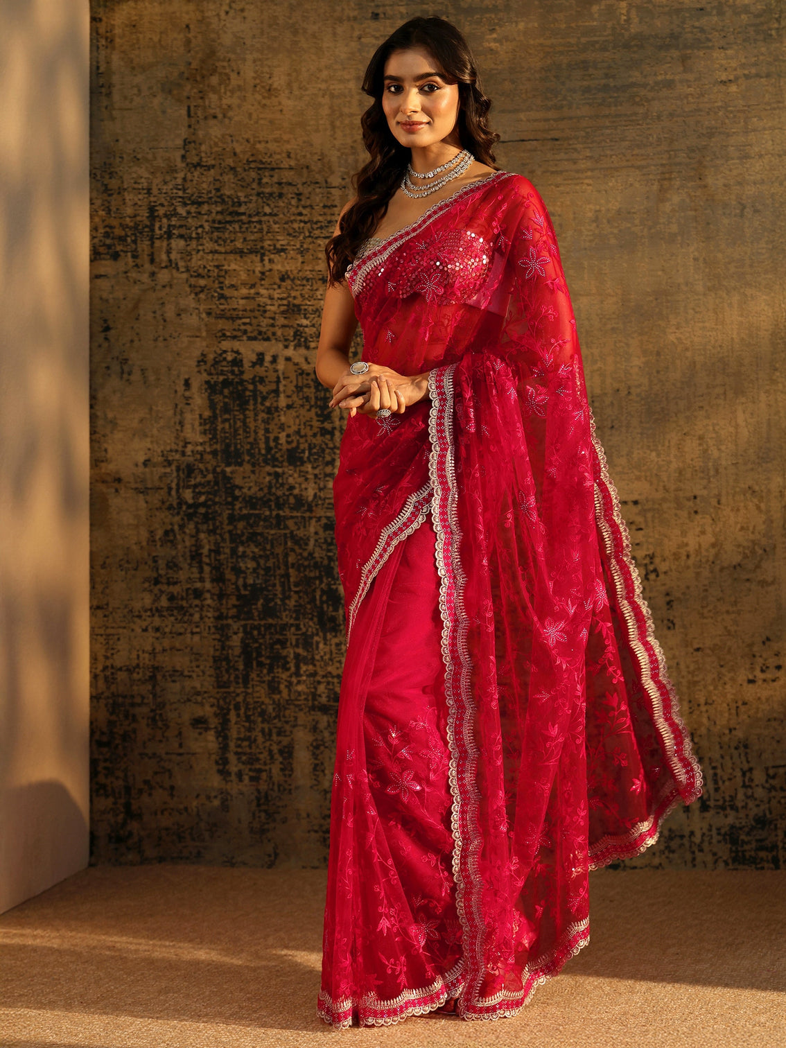Mameraa Vermilion Red Floral Embroidered Net Saree