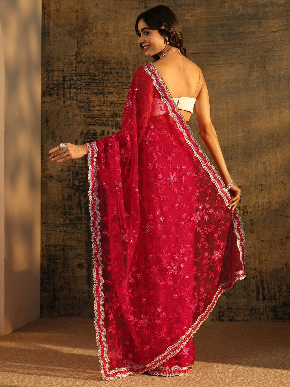 Mameraa Vermilion Red Floral Embroidered Net Saree