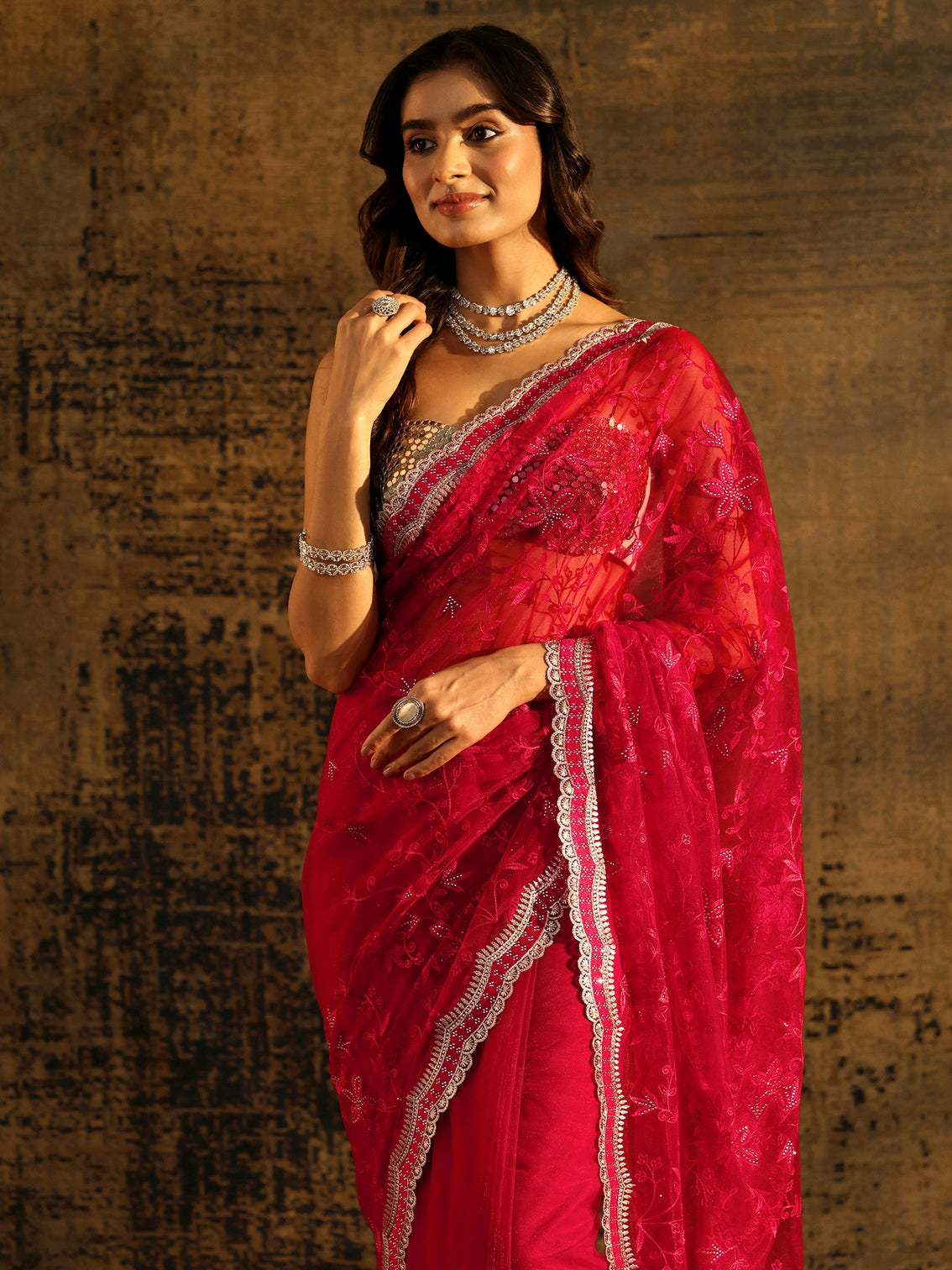Mameraa Vermilion Red Floral Embroidered Net Saree
