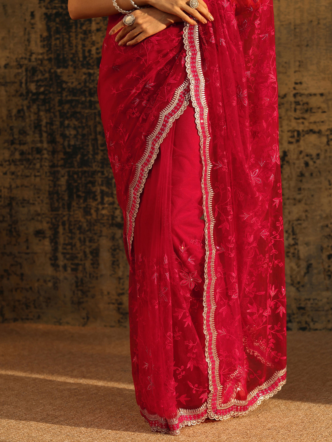 Mameraa Vermilion Red Floral Embroidered Net Saree