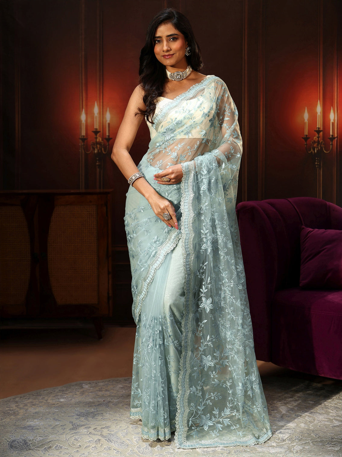 Mameraa Periwinkle Blue Floral Embroidered Net Saree