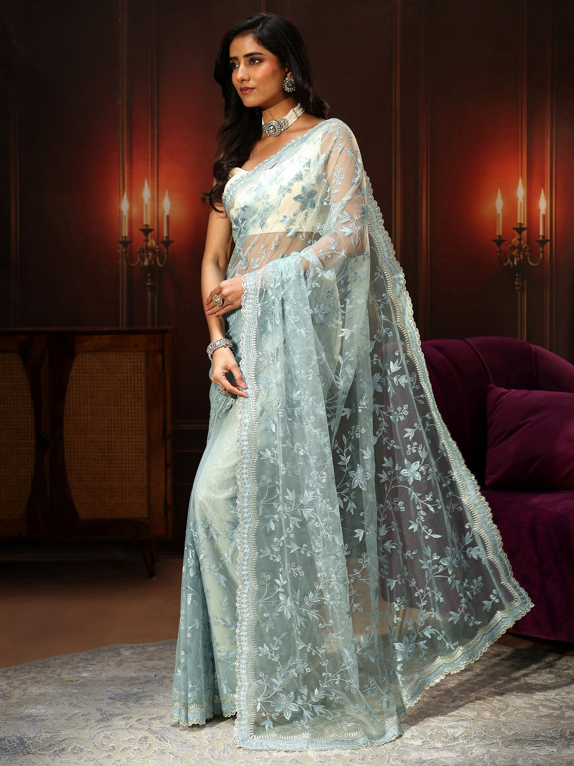 Mameraa Periwinkle Blue Floral Embroidered Net Saree