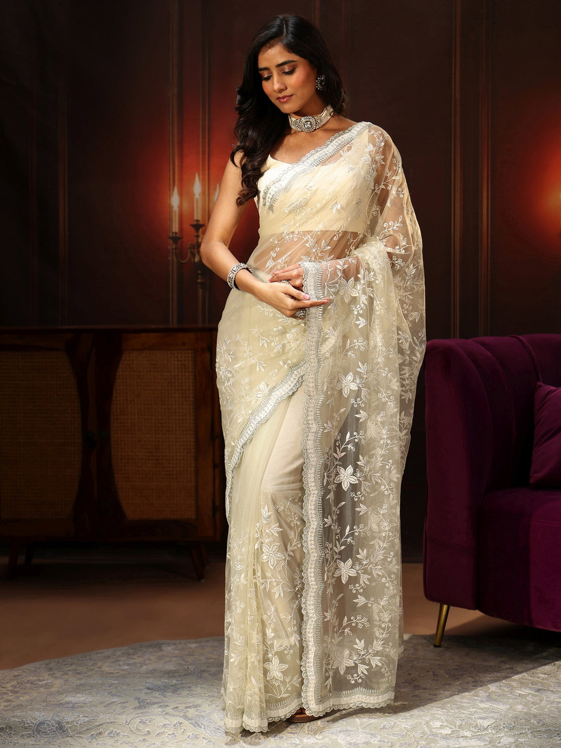 Mameraa Cream Floral Embroidered Net Saree