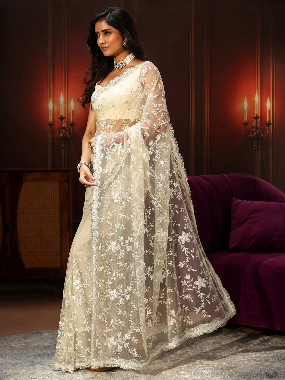 Mameraa Cream Floral Embroidered Net Saree