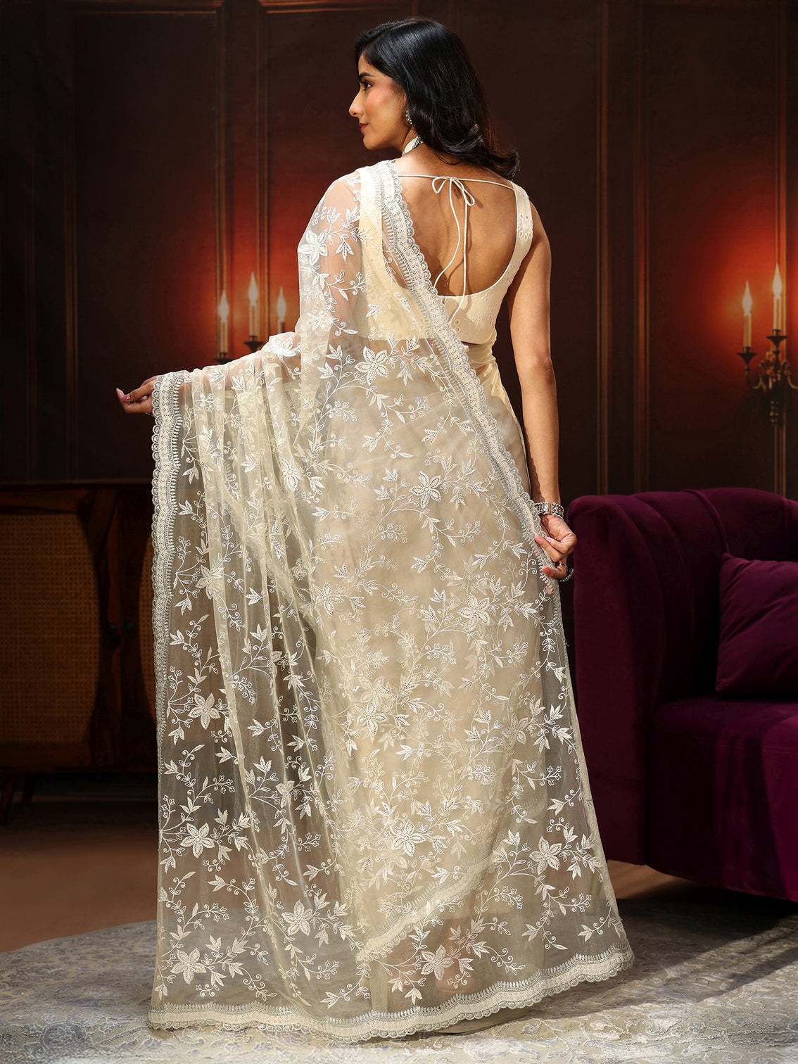 Mameraa Cream Floral Embroidered Net Saree