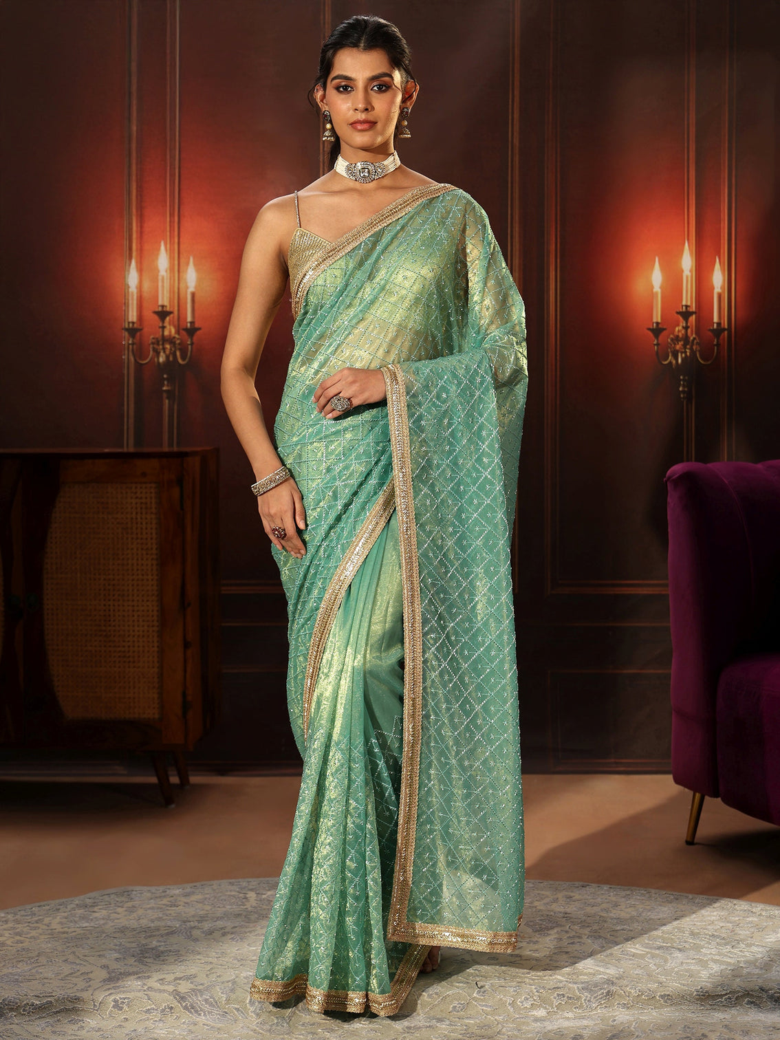 Mameraa Sea Blue Embellished Jaal Work Net Saree