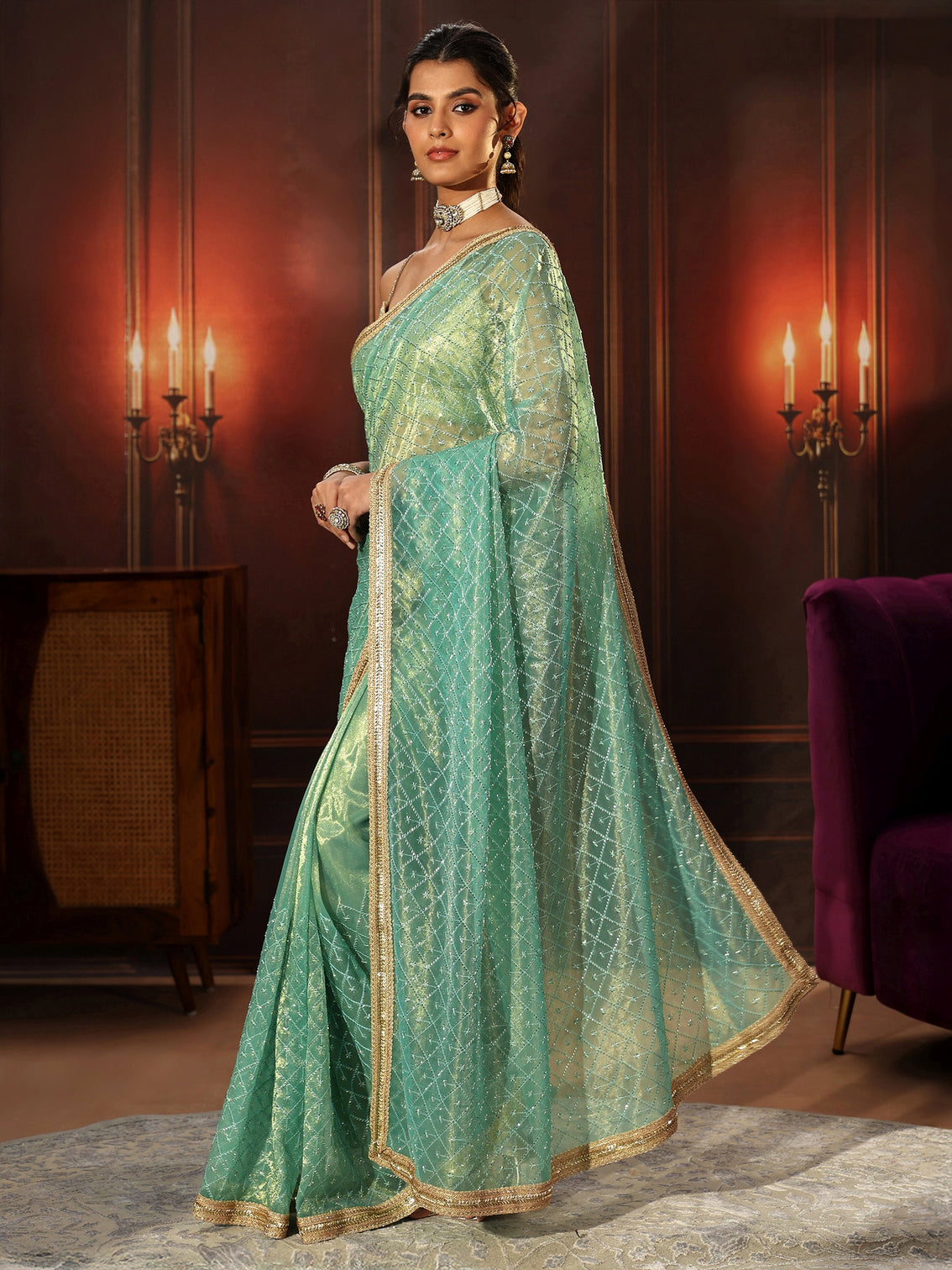 Mameraa Sea Blue Embellished Jaal Work Net Saree