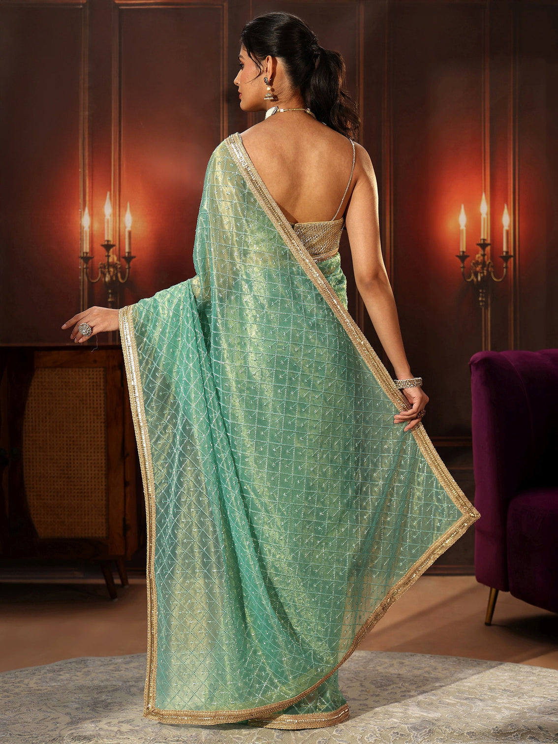 Mameraa Sea Blue Embellished Jaal Work Net Saree