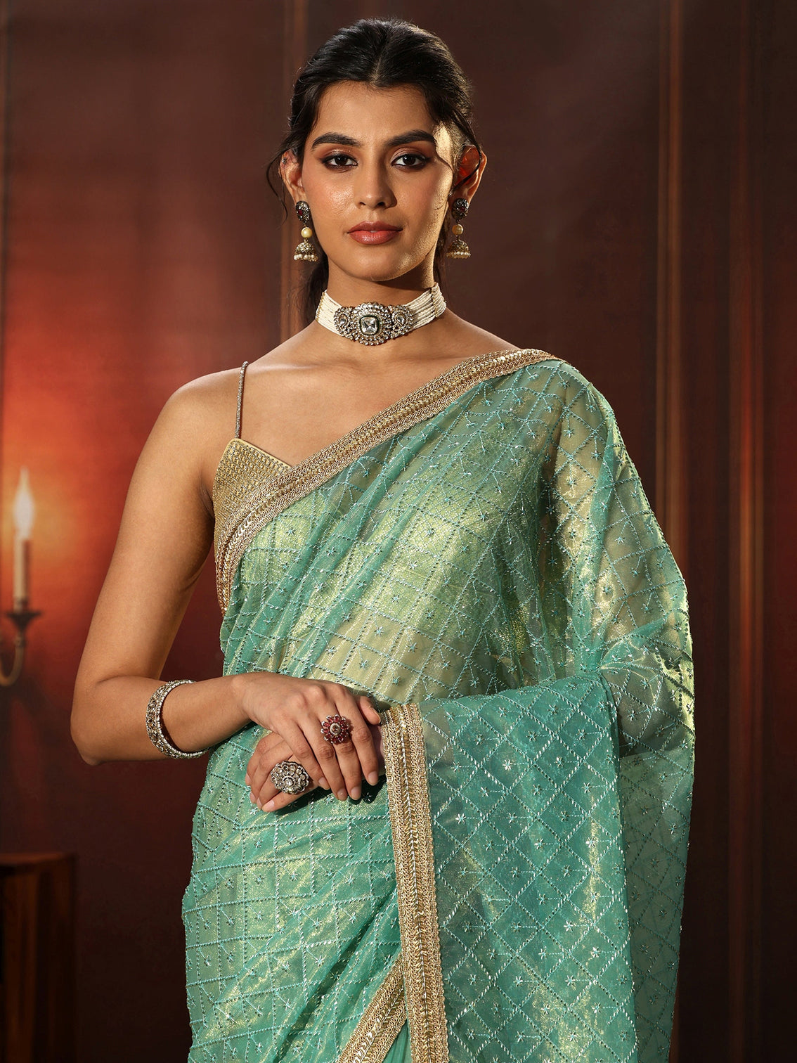 Mameraa Sea Blue Embellished Jaal Work Net Saree