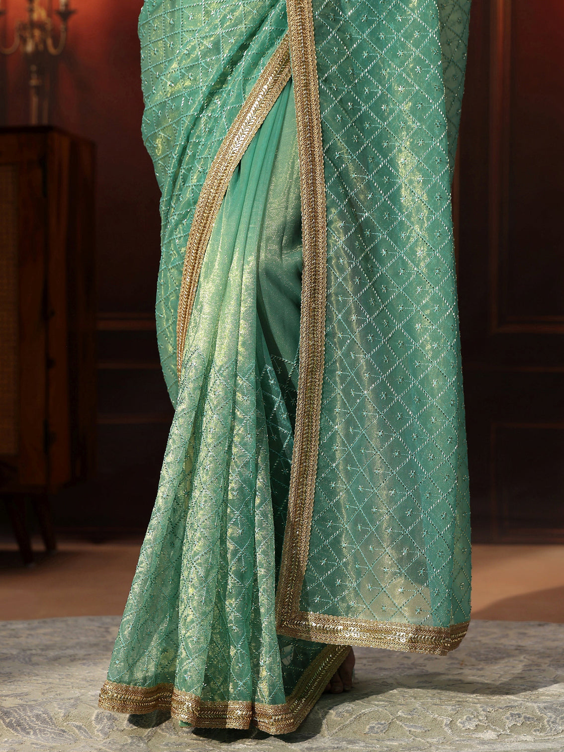 Mameraa Sea Blue Embellished Jaal Work Net Saree