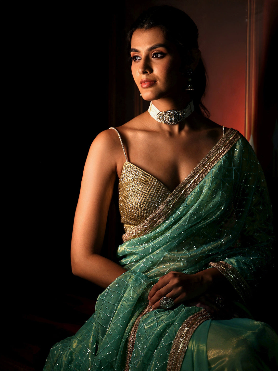 Mameraa Sea Blue Embellished Jaal Work Net Saree