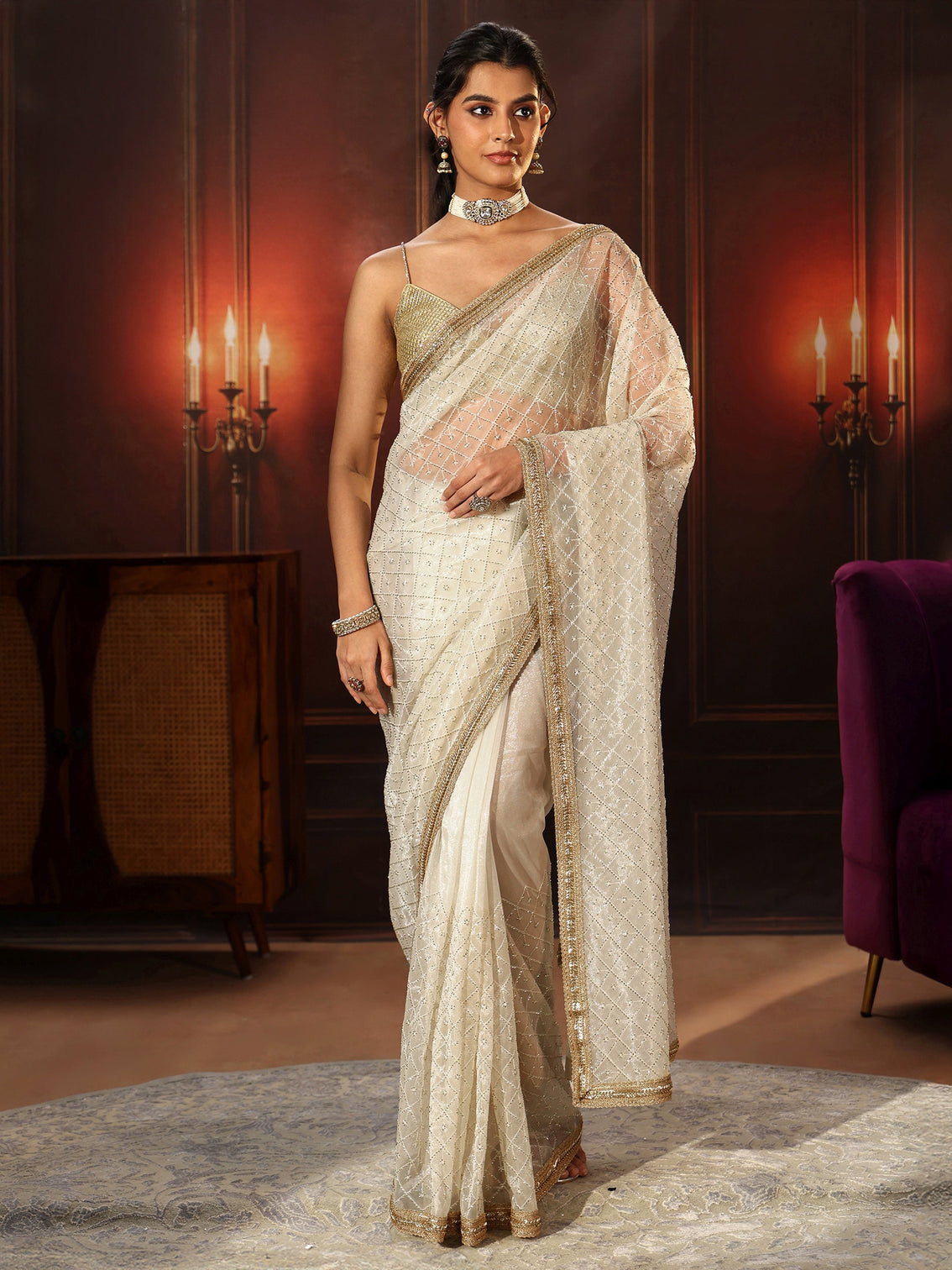 Mameraa Cream Embellished Jaal Work Net Saree