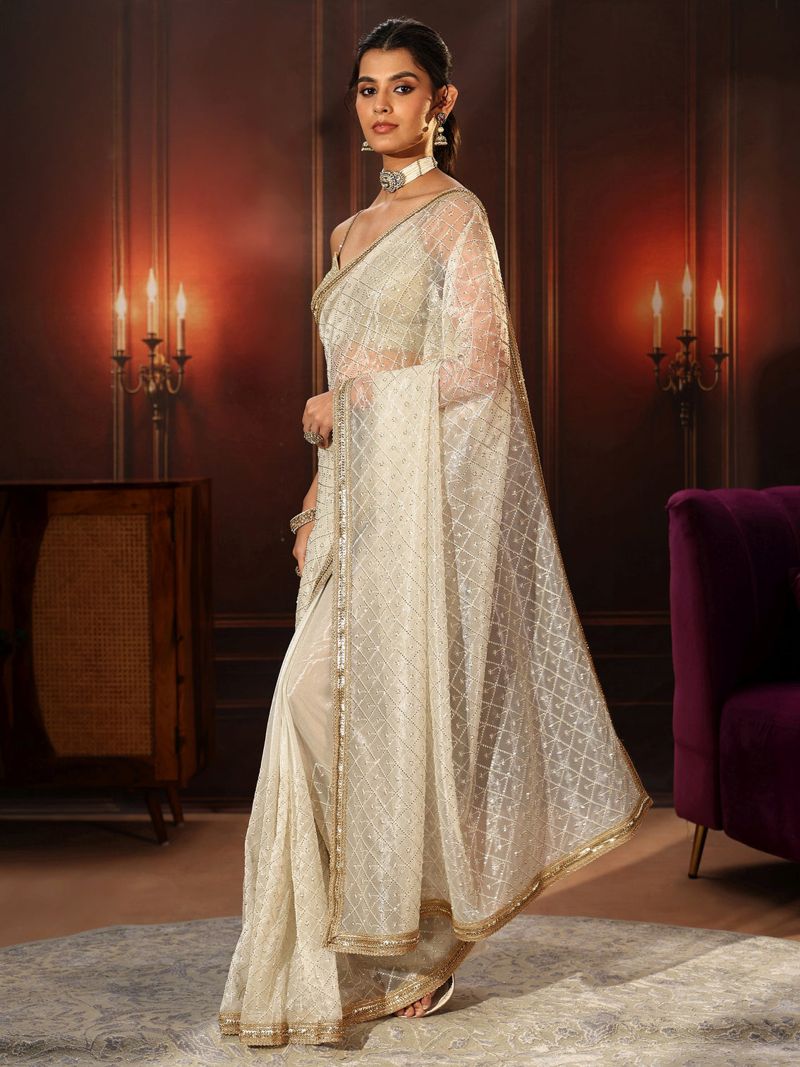 Mameraa Cream Embellished Jaal Work Net Saree