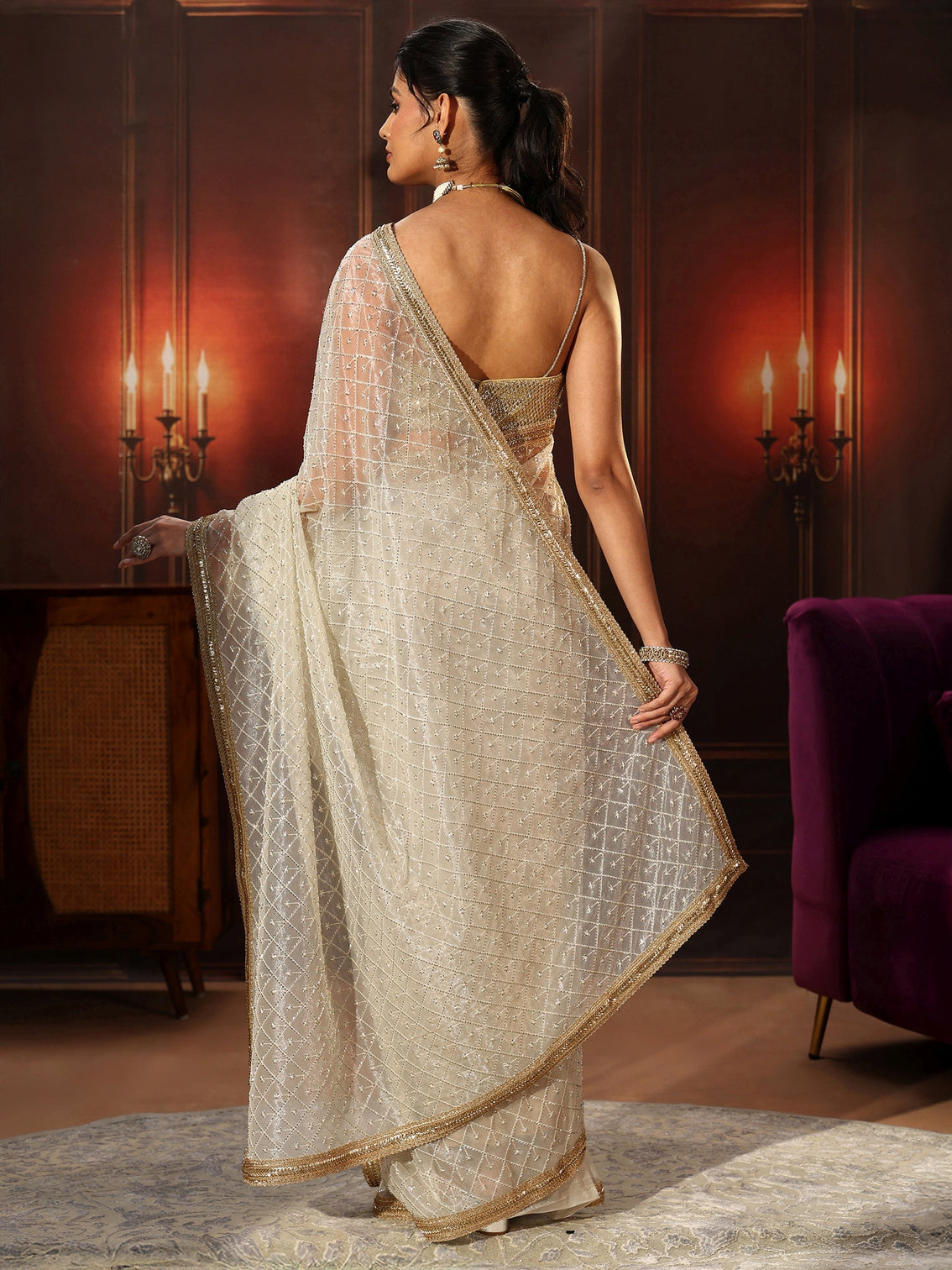 Mameraa Cream Embellished Jaal Work Net Saree