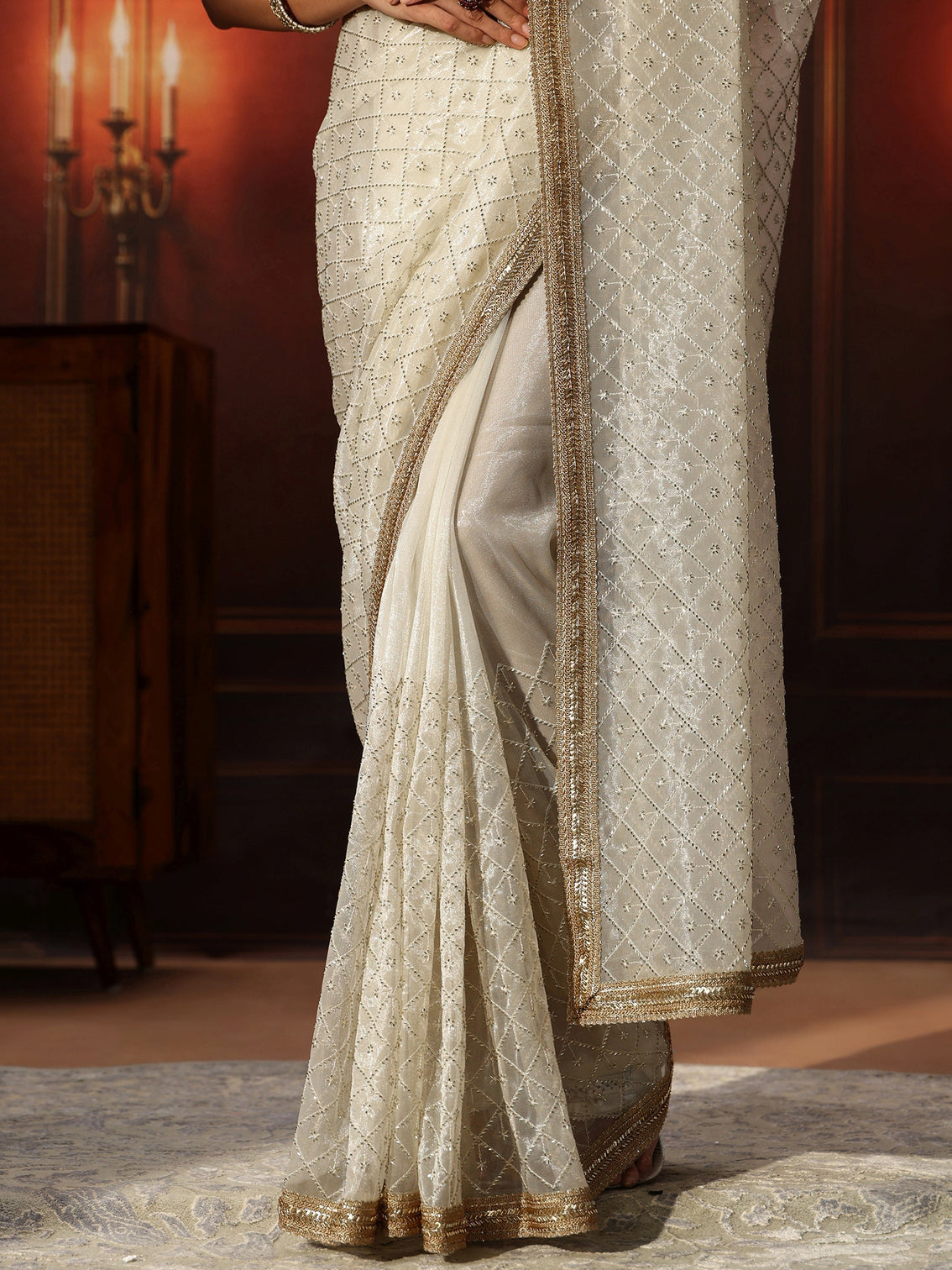 Mameraa Cream Embellished Jaal Work Net Saree