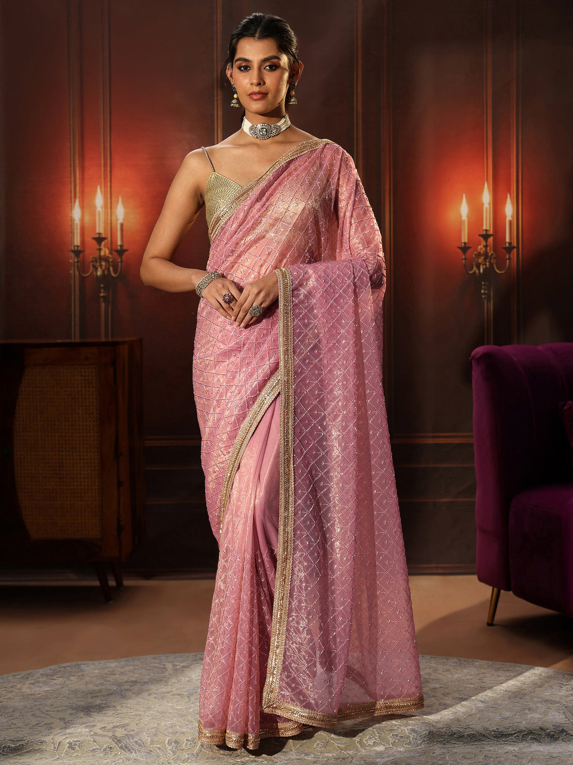 Mameraa Baby Pink Embellished Jaal Work Net Saree