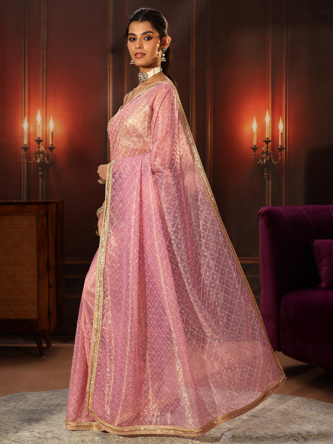 Mameraa Baby Pink Embellished Jaal Work Net Saree