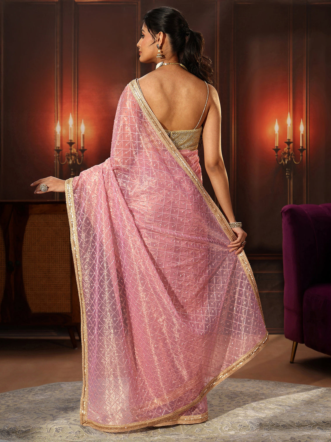 Mameraa Baby Pink Embellished Jaal Work Net Saree