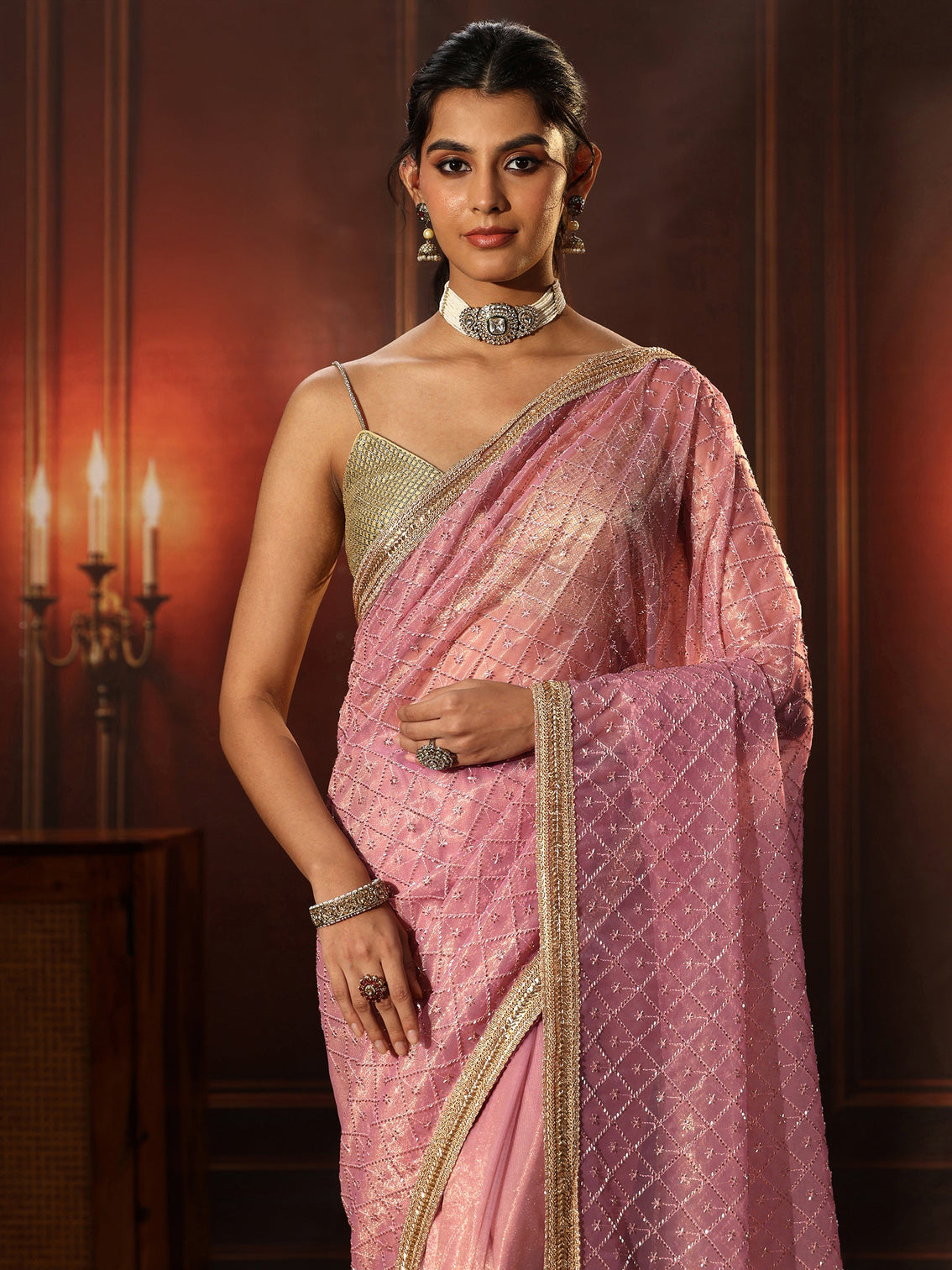 Mameraa Baby Pink Embellished Jaal Work Net Saree