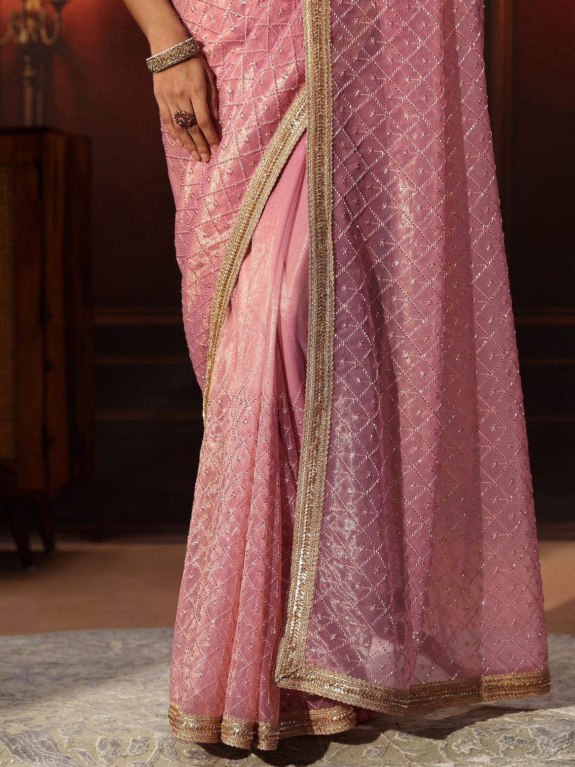 Mameraa Baby Pink Embellished Jaal Work Net Saree