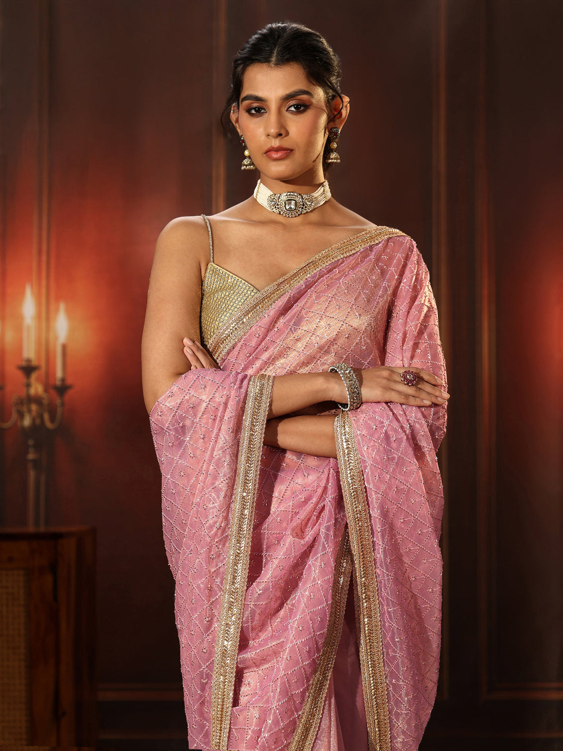 Mameraa Baby Pink Embellished Jaal Work Net Saree