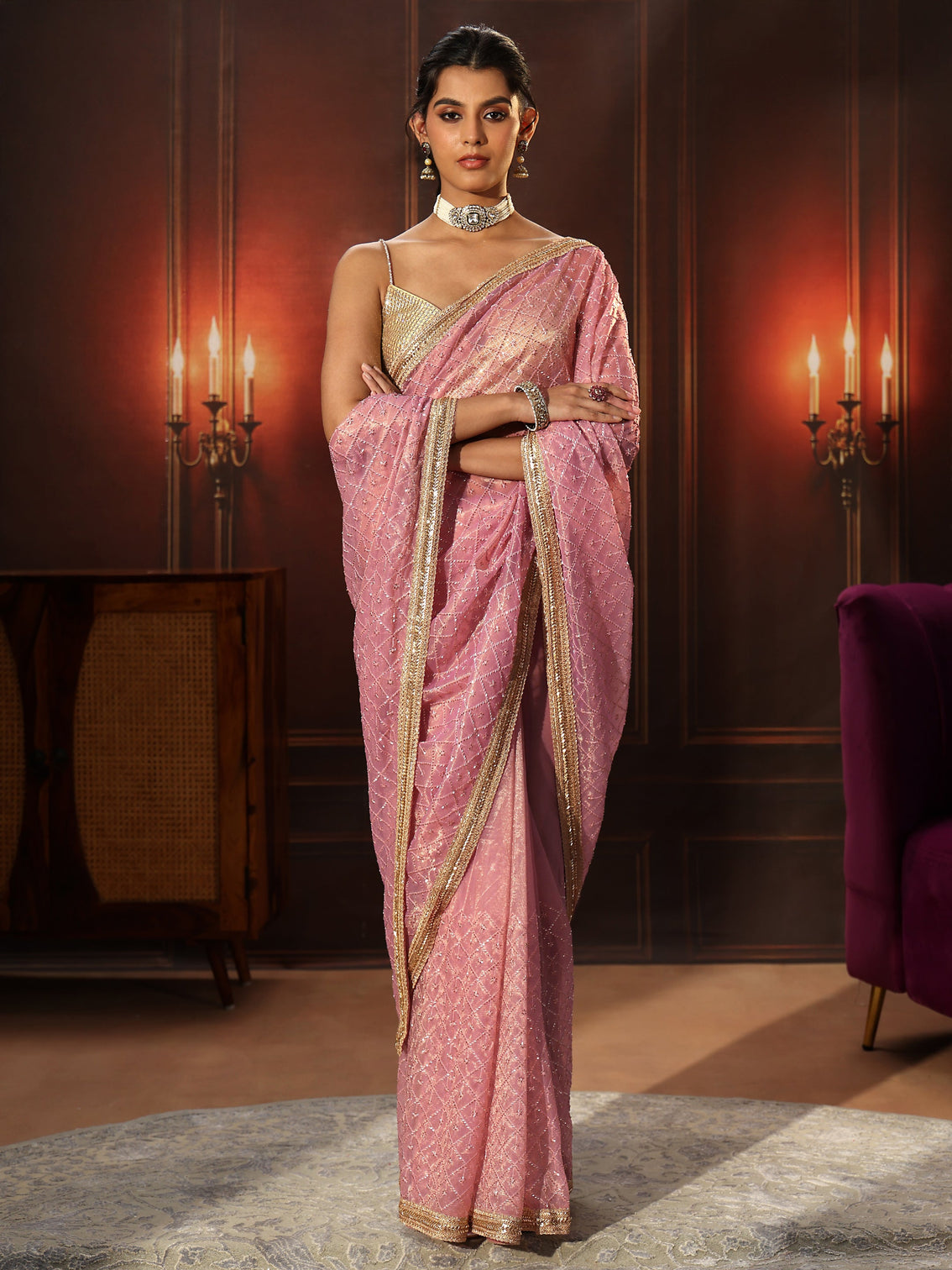 Mameraa Baby Pink Embellished Jaal Work Net Saree